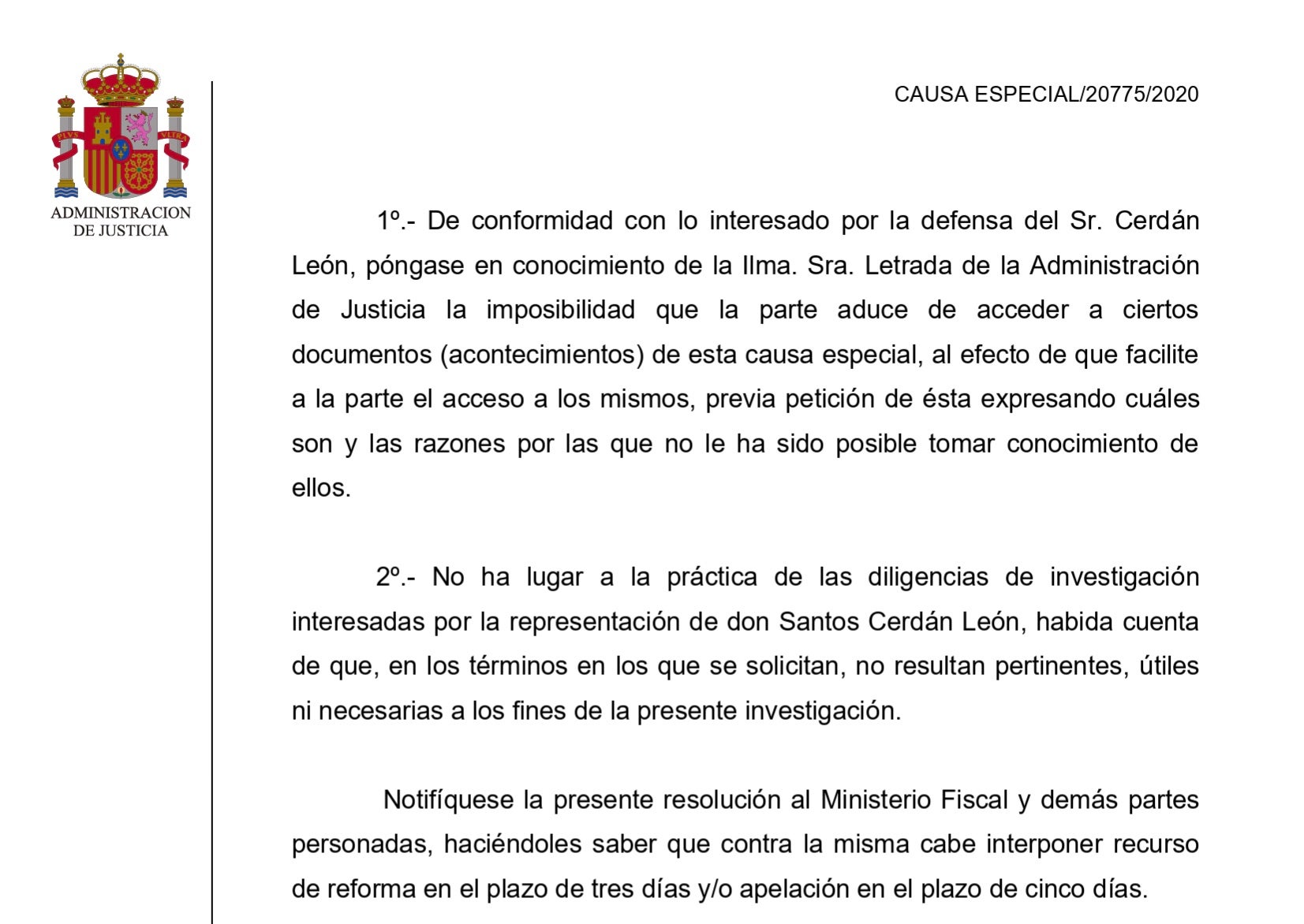 Part interlocutòria amb la que el jutge Puente tanca la porta a les diligències demanades per la defensa de Cerdán/QS
