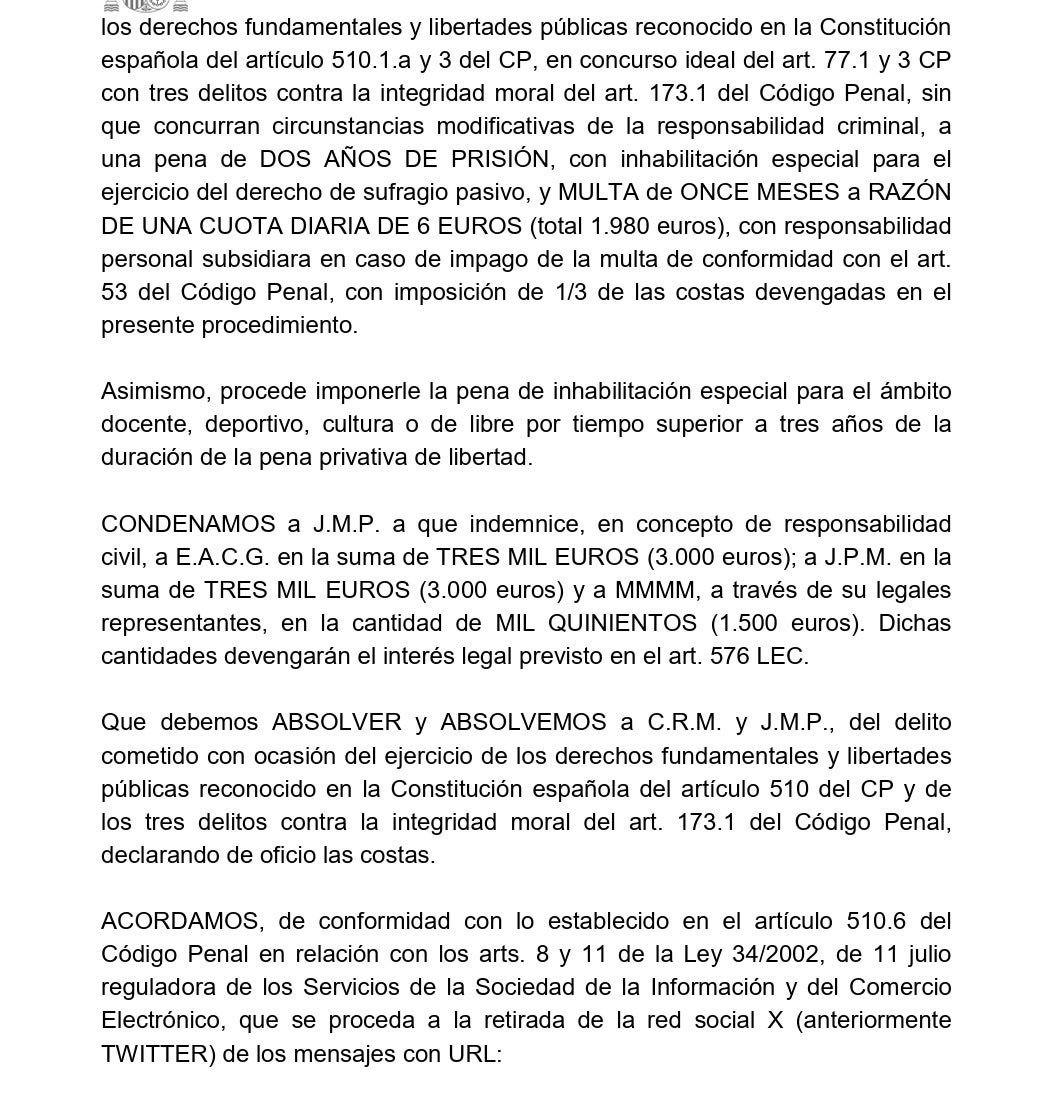 Part dispositiva de la sentència que condemna el tuitaire per insultar la família que va imposar el castellà a Canet/QS
