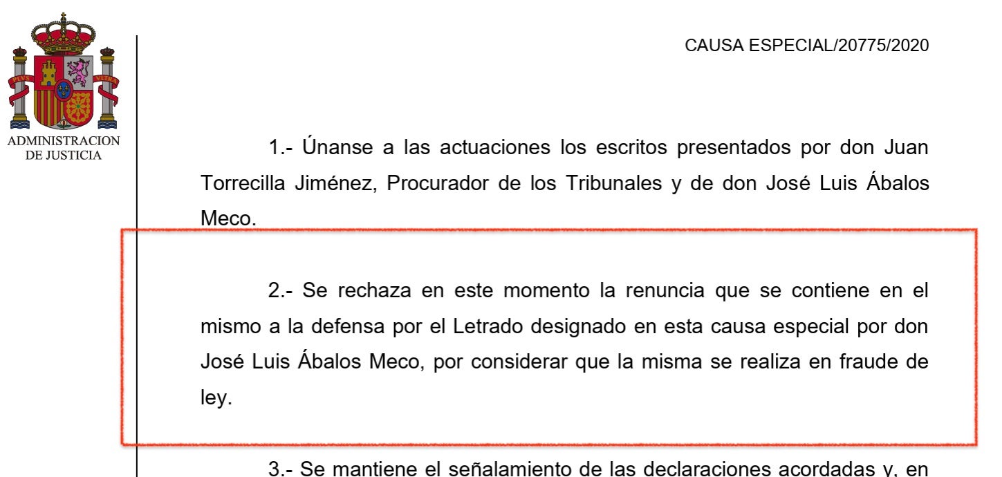 Parte dispositiva de la resolución con la que el juez no permite a Ábalos cambiar de abogado/QS
