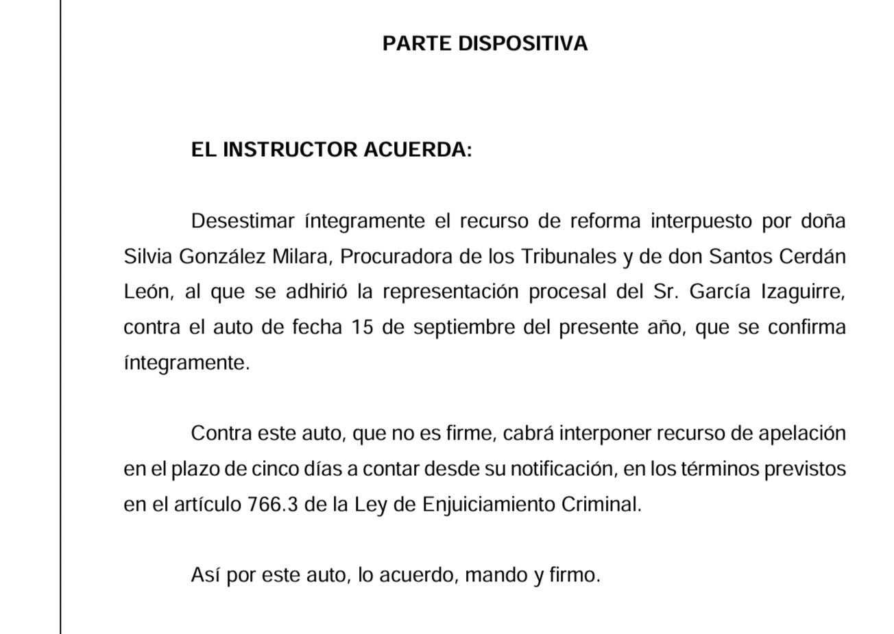 Part dispositiva de la resolució del jutge Puente que desestima el recurs de reforma de Cerdán contra la negativa de noves diligències pel to i l'argument/QS