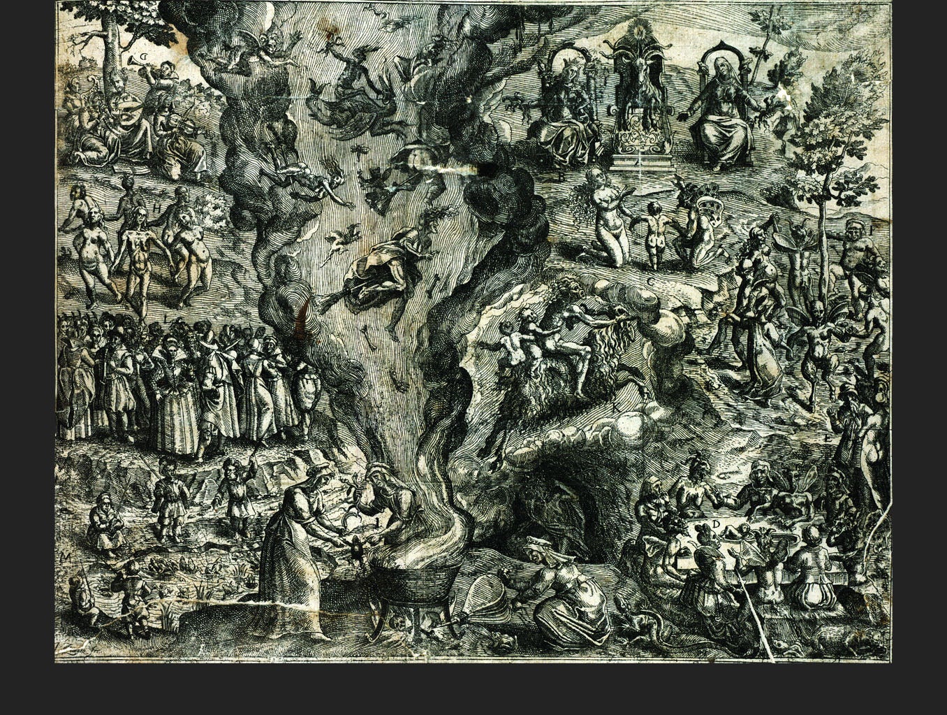 El sabbat de las brujas de Jan Ziarnko. París: Nicolau Buon, impresor, 1613. Copyright de la fotografía Bibliothèque municipale de Toulouse.