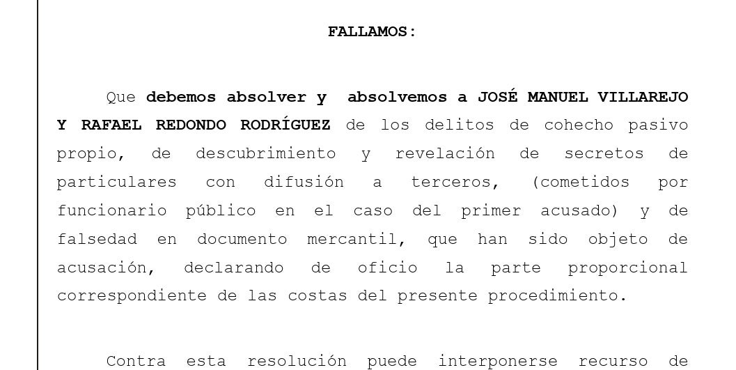 Part dispositiva de la sentència que absol Villarejo en el cas Martinsa/QS
