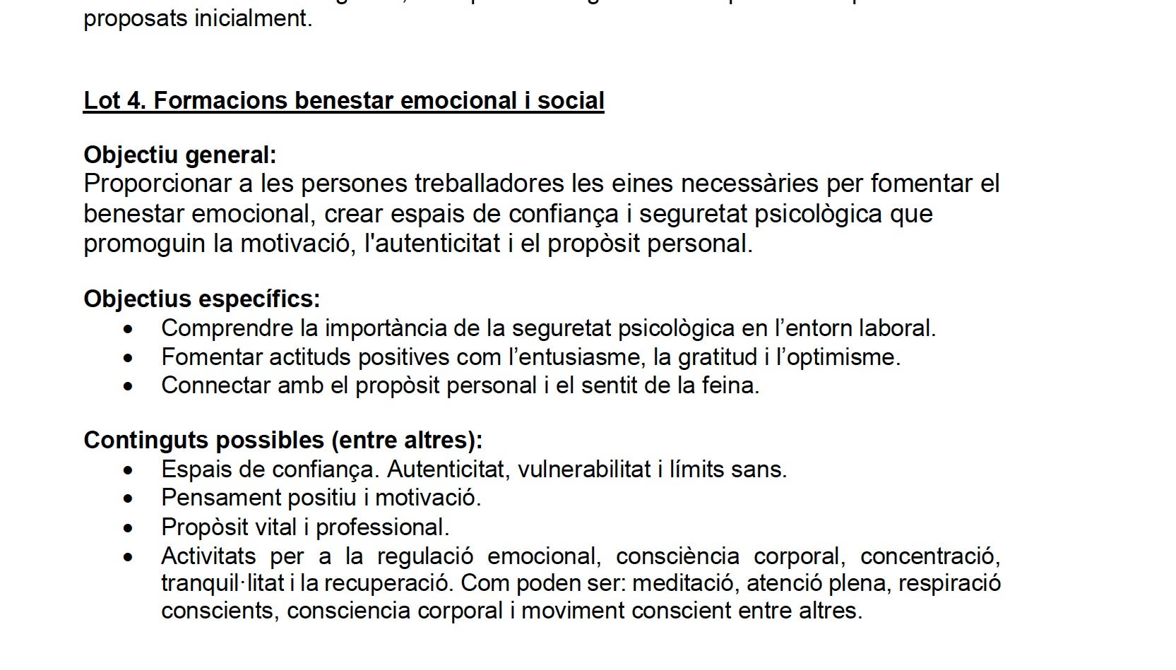 Parte de las prescripciones técnicas del contrato de bienestar emocional/QS