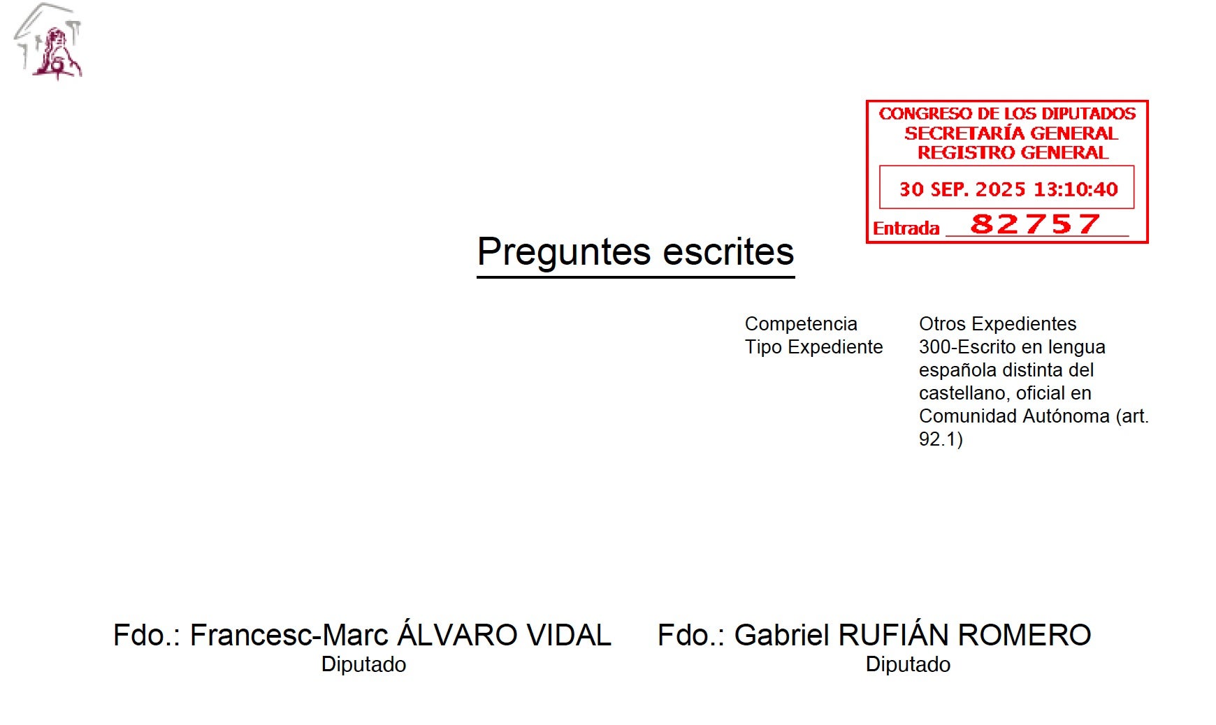 Capçalera de les preguntes registrades per ERC aprofitant la imputació de tres directius de NSO per espiar independentistes/QS