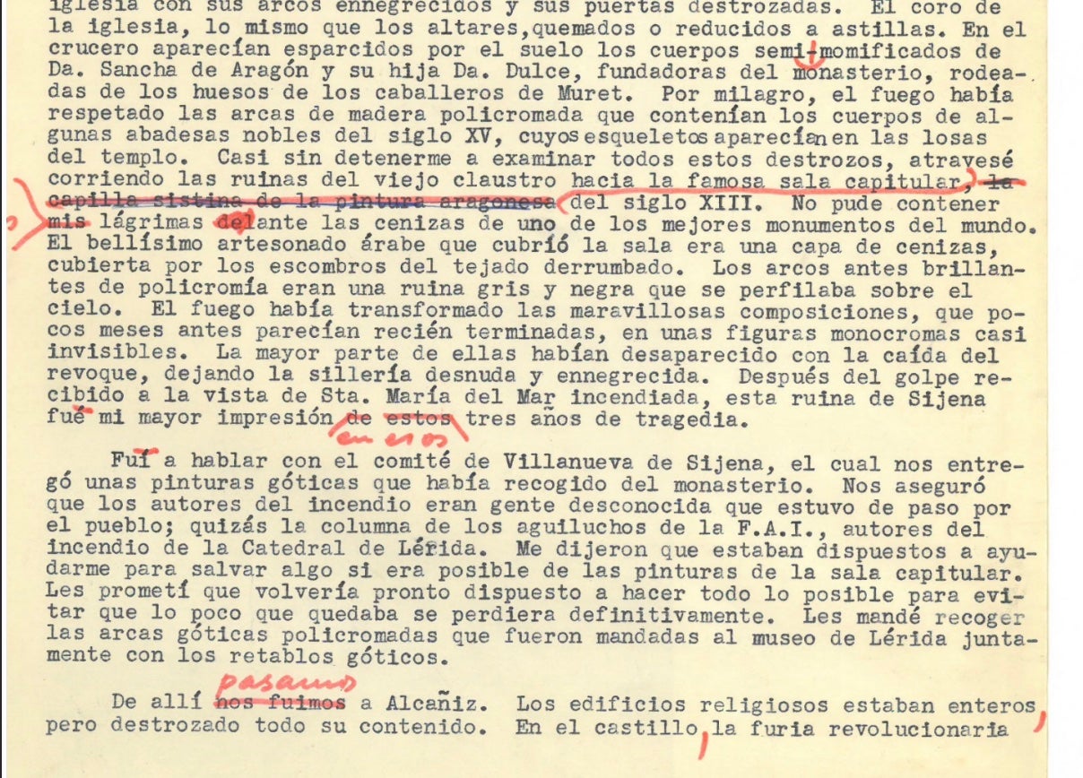 Parte del relato manuscrito de Gudiol donde relata cómo fue la recuperación de Sixena/Comisión por la Dignidad