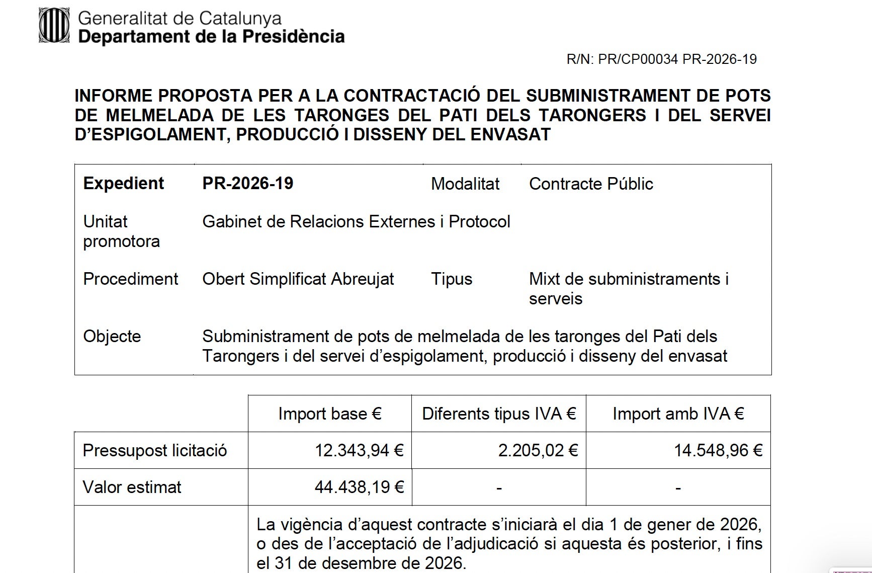 Part de la documentació de la licitació del contracte de la melmelada del Pati dels Tarongers/QS