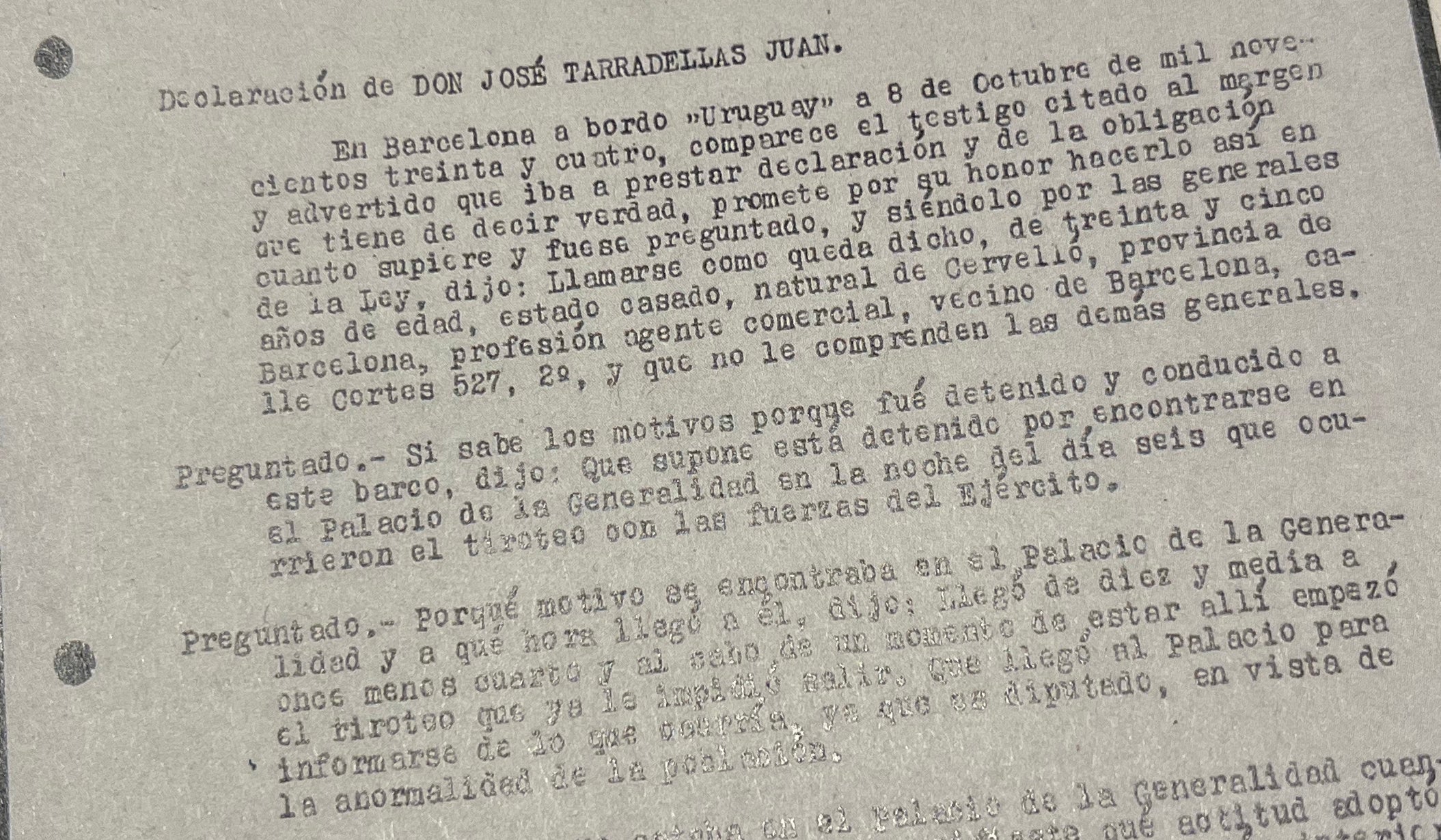 Part de la declaració de Tarradellas per la seva participació en els fets del 6 d'Octubre/Arxiu Nacional de Catalunya