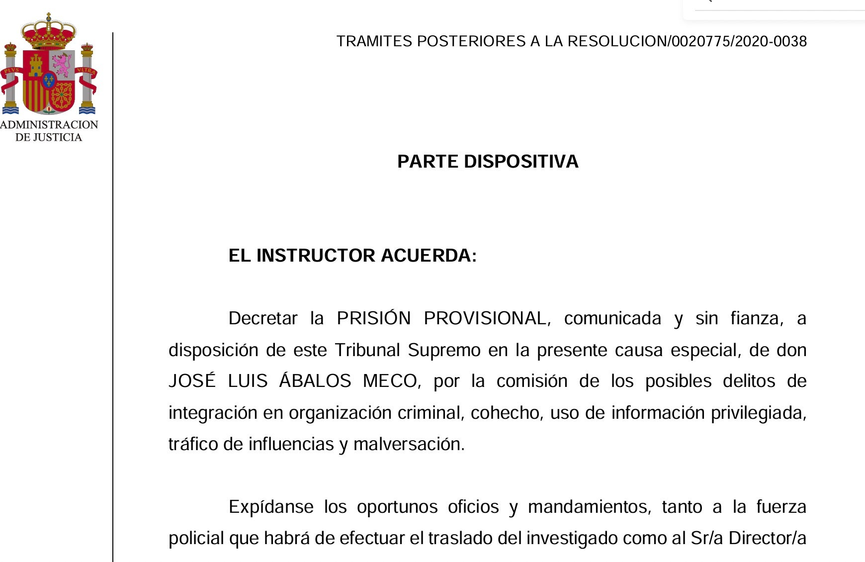 Parte dispositiva de la interlocutoria de prisión de Ábalos/QS