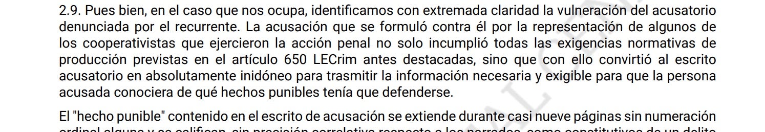 Part de la sentència de 2020 sobre el principi acusatori al·legada al judici dels Pujol/QS