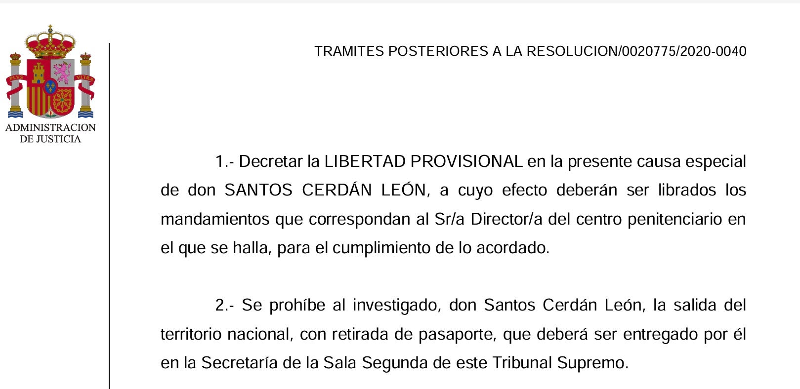 Parte dispositiva de la resolución que deja en libertad a Santos Cerdán/QS
