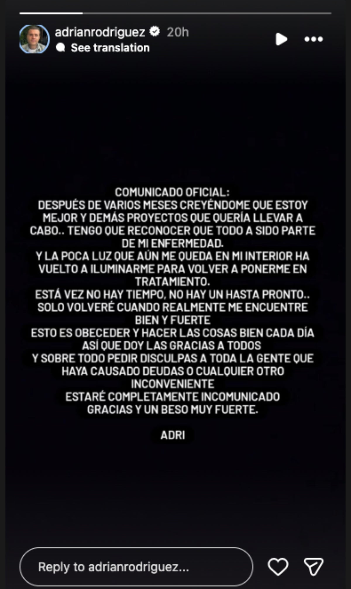  El comunicat d'Adrián Rodríguez | Instagram