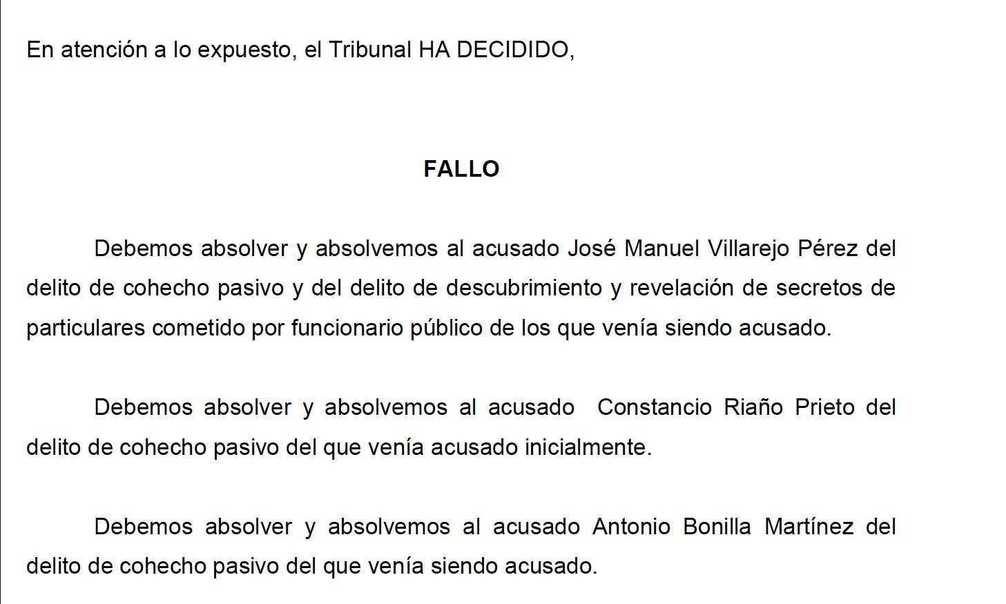 Part dispositiva de la sentència que absol Villarejo/QS