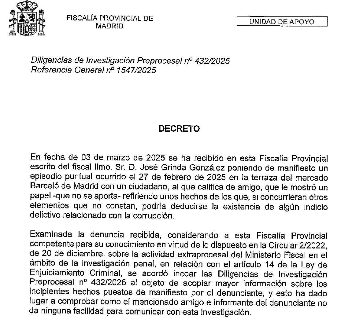 Denuncia de Grinda en la fiscalía de Madrid/QS