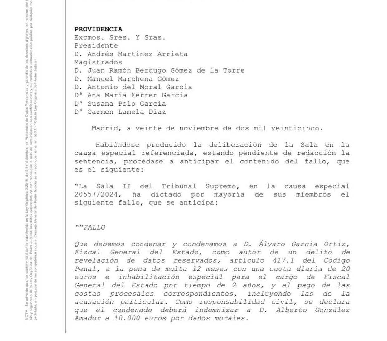 Part de la providència amb la decisió de la condemna al Fiscal General de l'Estat