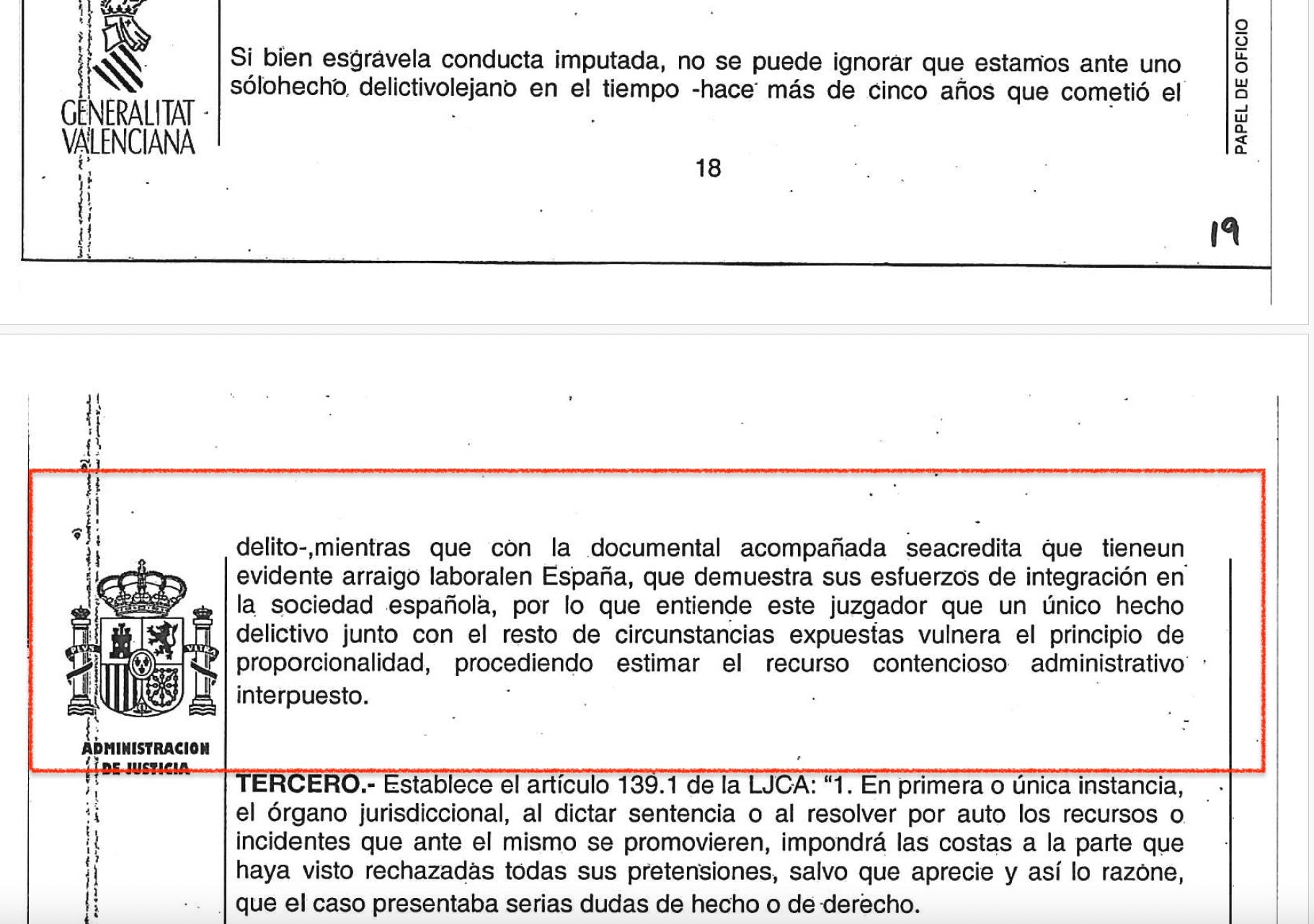 Part de la sentència del Jutjat Contenciós de Castelló on aturava l'expulsió d'Es Satty/QS