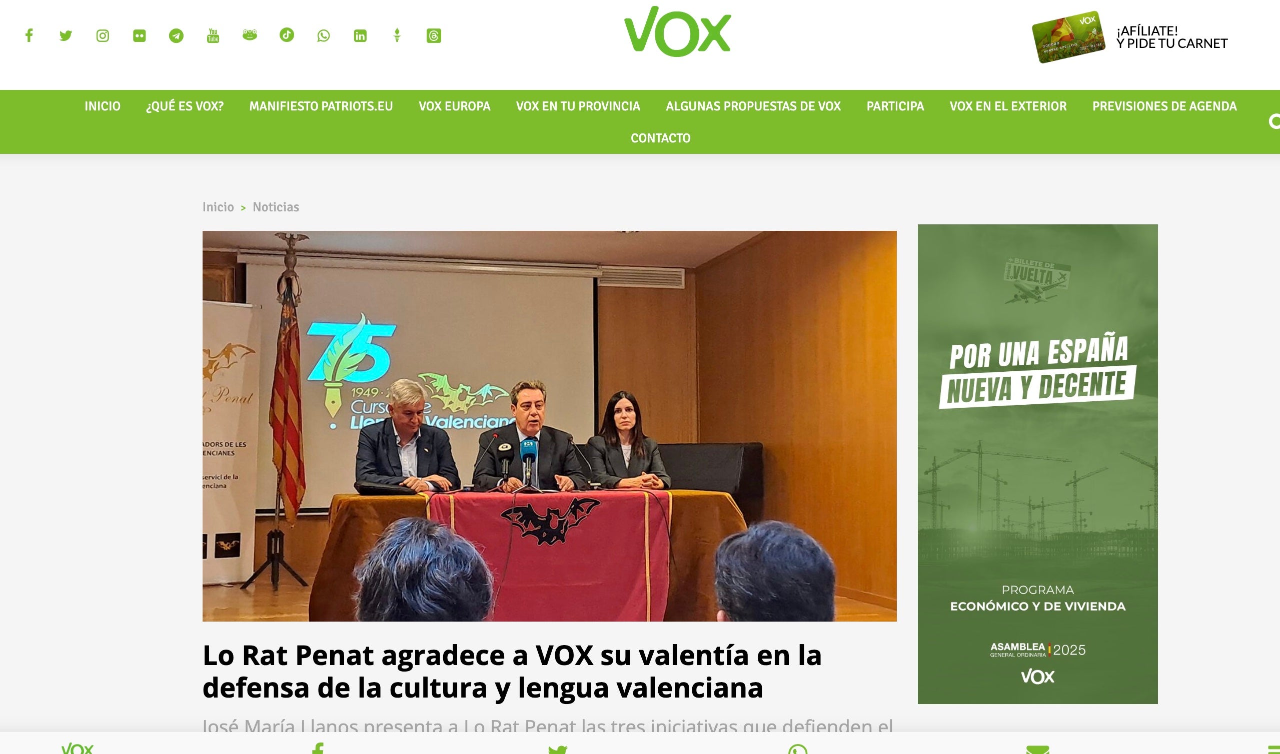 Una notícia de Vox on expliquen la relació amb Lo Rat Penat/Vox