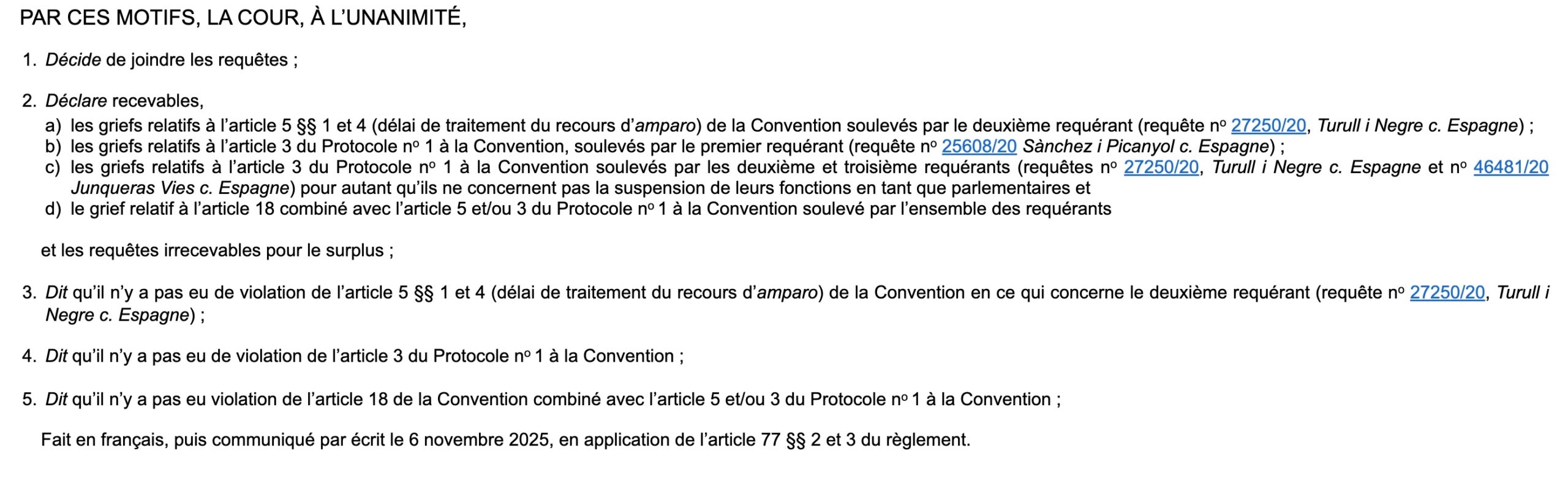 Parte dispositiva de la sentencia sobre Sánchez, Turull y Junqueras/TEDH