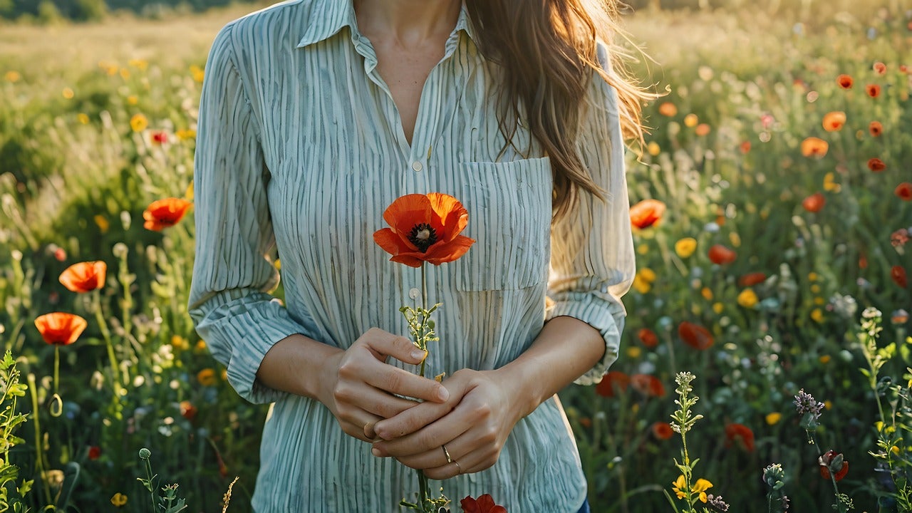 Una dona vestida amb roba sostenible enmig d'un prat / Pixabay