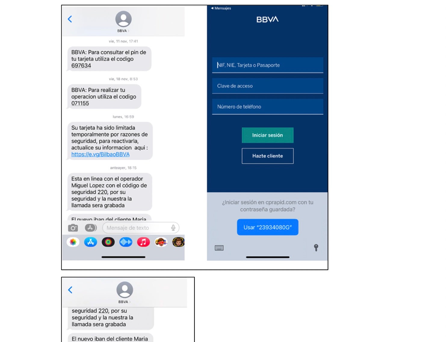 Parte de los SMS que simulaban el BBVA de manera fraudulenta de los que fue víctima Elvira