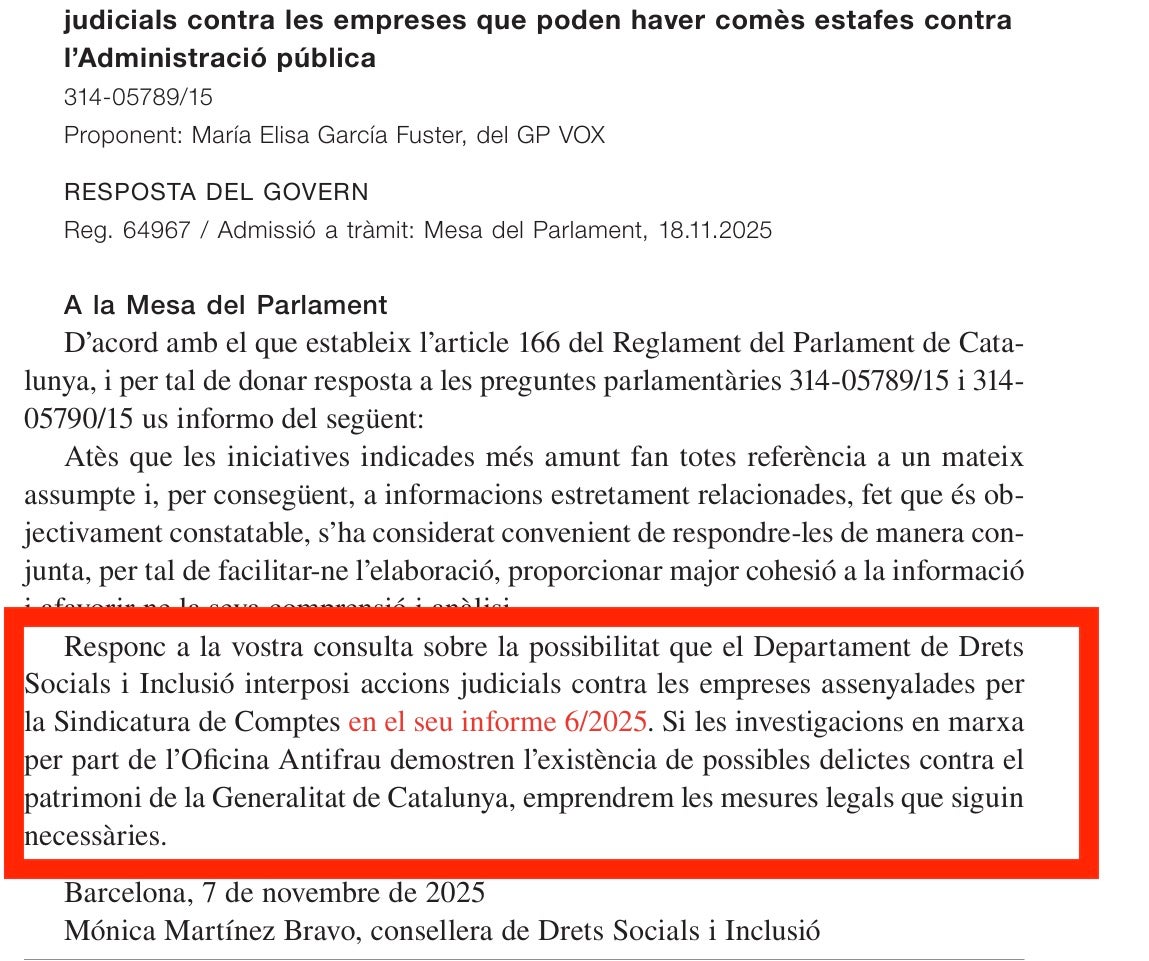 Resposta de la consellera Martínez Bravo en què admet que encara no pot fer cap denúncia fins que Antifrau no acabi la feina/QS