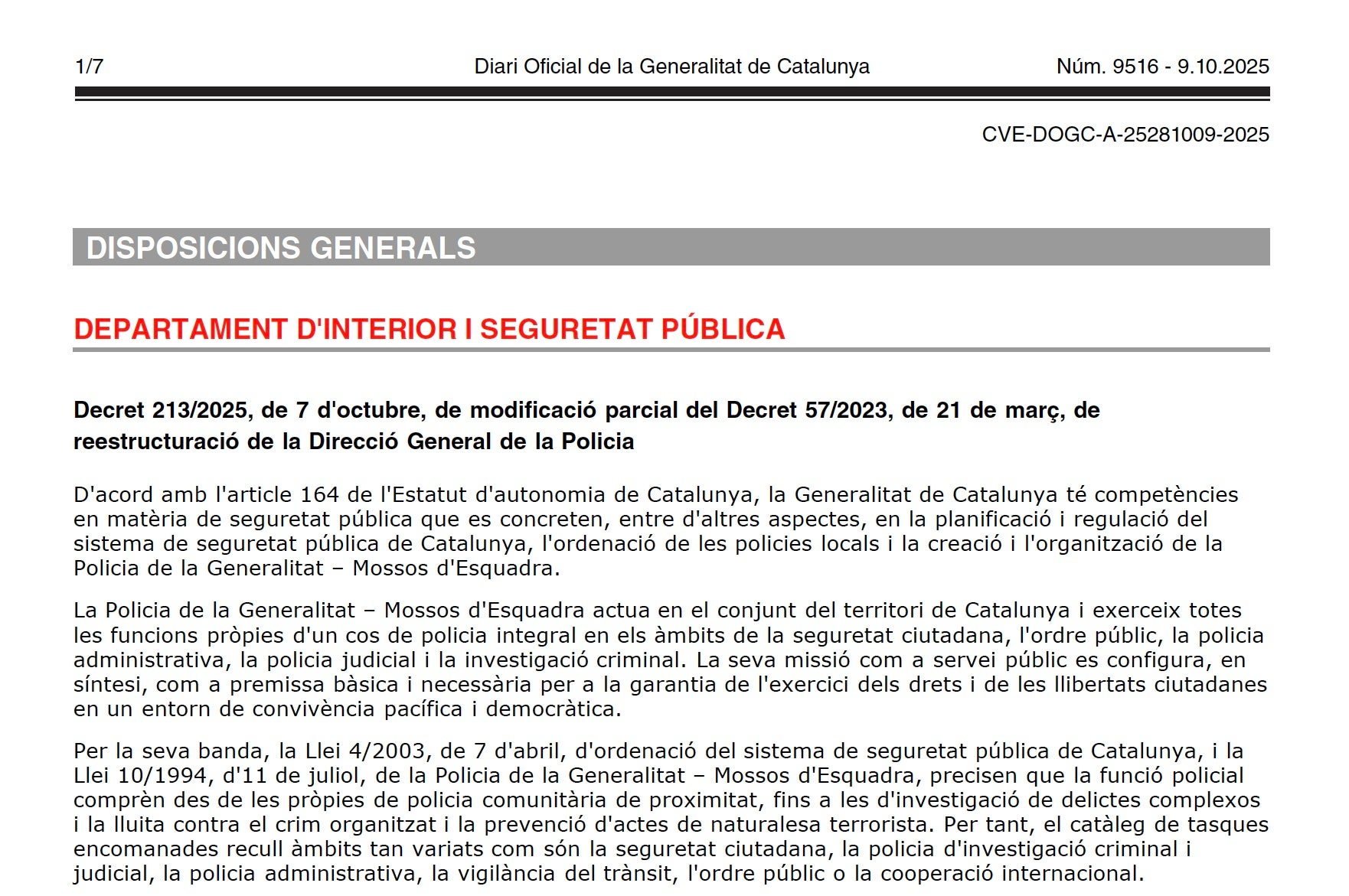 Capçalera del Decret de Parlon per tornar la defensa jurídica dels Mossos a Interior