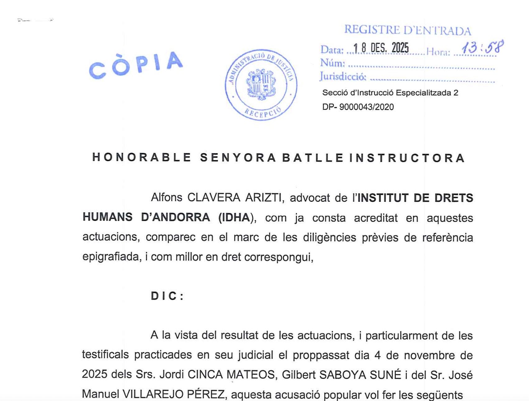 L'escrit presentat avui on demana la desclassificació dels documents de la intervenció de la BPA