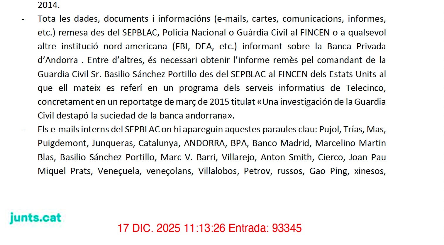 Part de l'escrit reclamant informació sobre el SEPBLAC presentat per Junts al Congrés