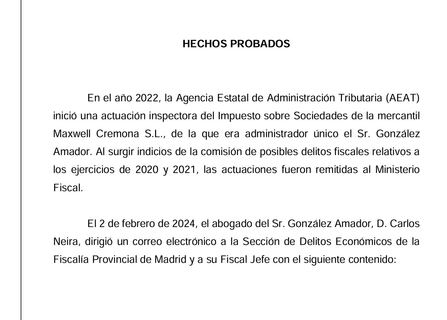 Els fets provats de la sentència que condemna al fiscal general de l'Estat