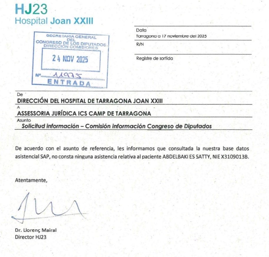 Comunicat del director de l'Hospital Joan XXIII de Tarragona on certifica que no han atès mai l'imam/QS