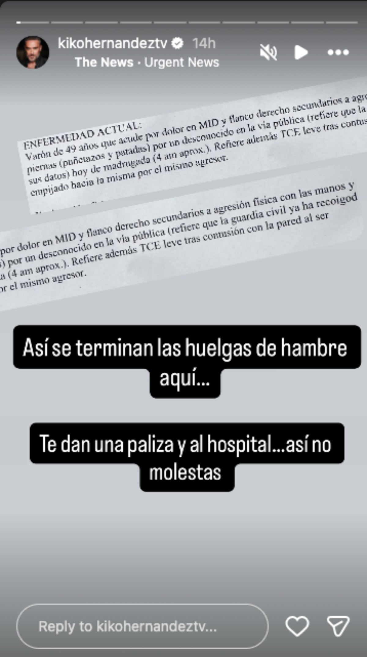 Kiko Hernández revela l'agressió que ha patit durant la vaga de fam | Instagram
