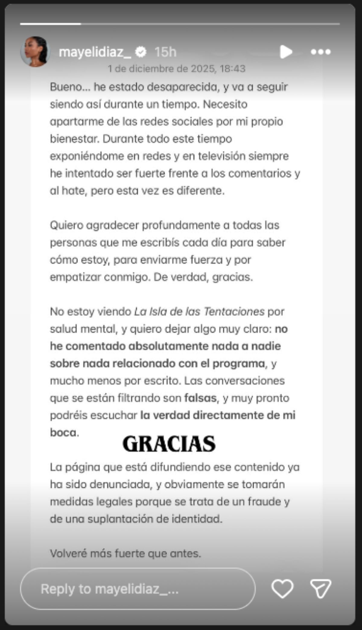 Mayeli publica un comunicat sobre les seves imatges a 'La isla de las tentaciones' | Instagram