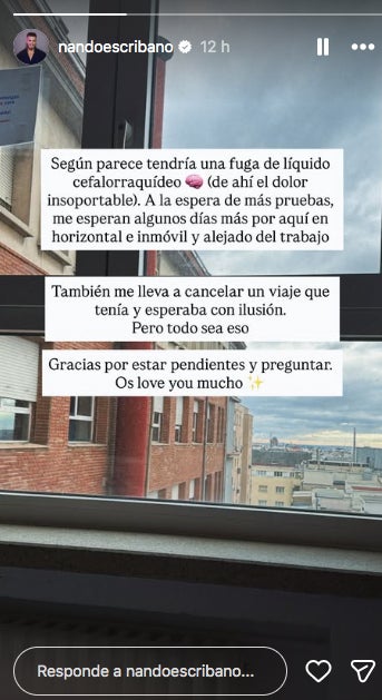 Nando Escribano explica com es troba des de l'hospital - Instagram