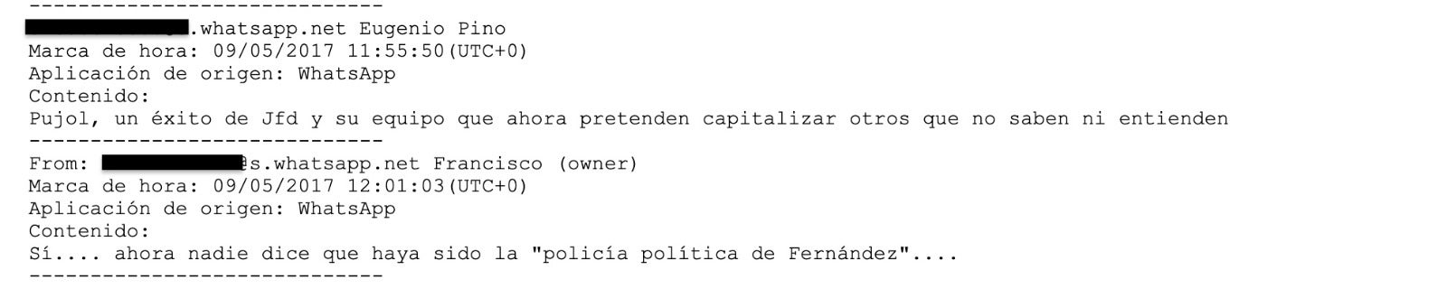 Els whatsapp entre Euegnio Pino i Francisco Martínez sobre el cas Pujol/QS