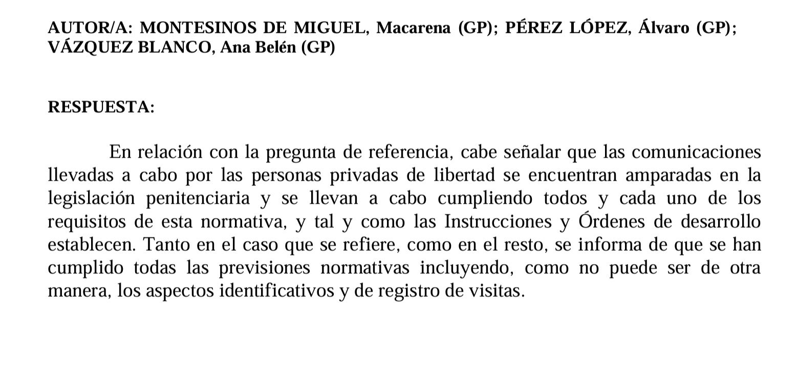 Resposta parlamentària de Marlaska on es nega a donar informació de les visites de De Aldama a la presó/QS