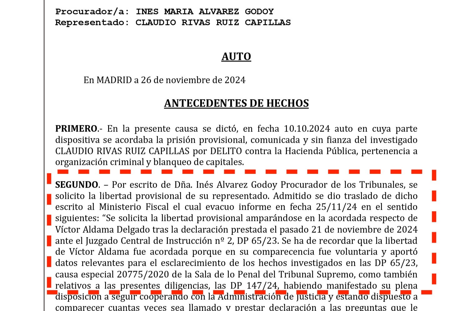 Resolució del jutge Pedraz on nega la llibertat al soci de De Aldama, Claudio Rivas, i on recull la col·laboració de l'empresari delator/QS