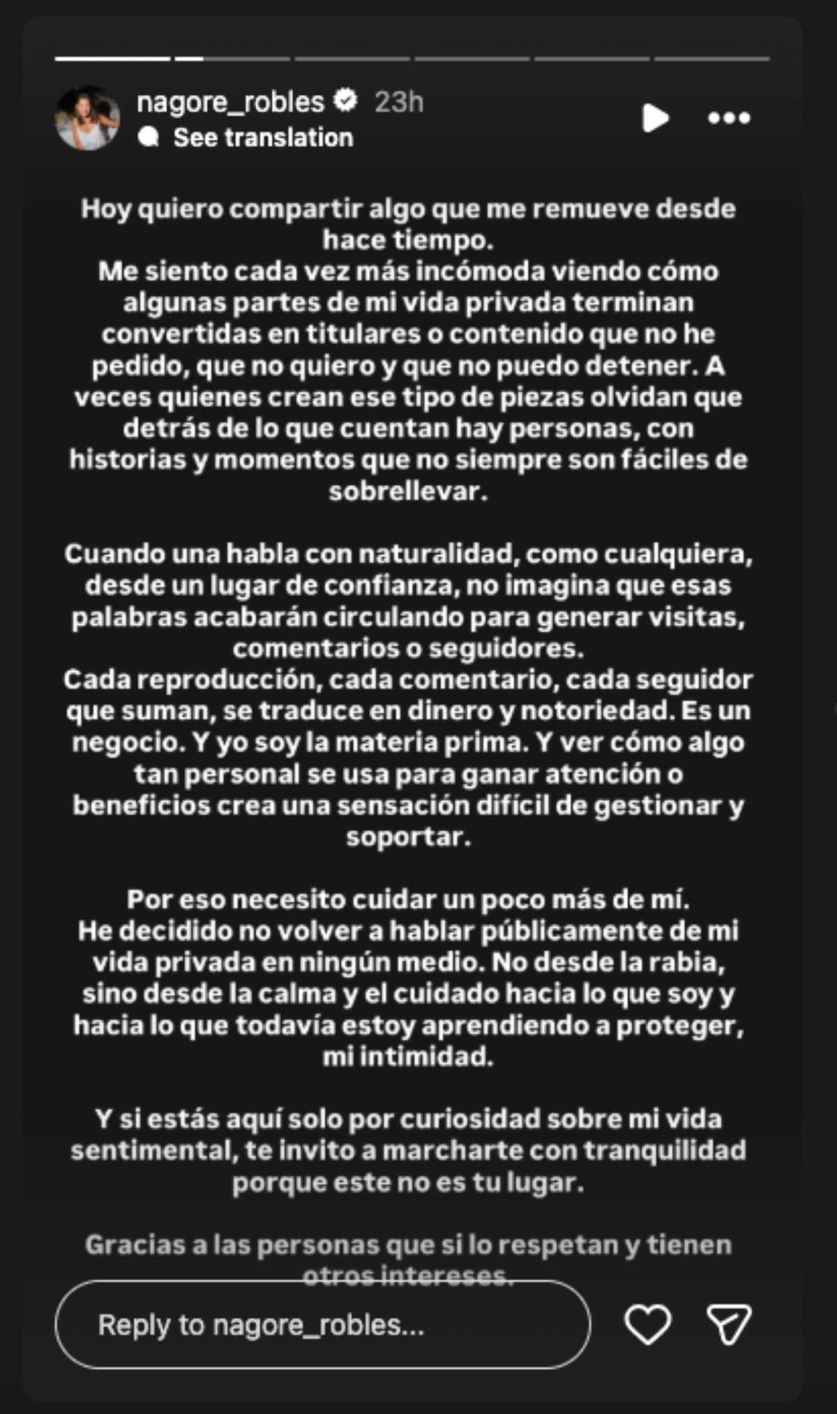 ¿Qué dice el comunicado de Nagore Robles? | Instagram