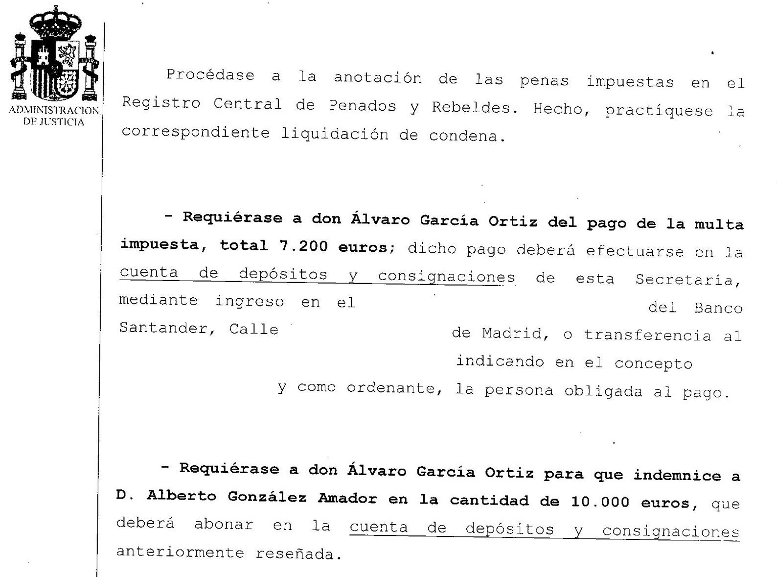 Part de la resolució d'execució de la sentència contra el Fiscal General de l'Estat/QS