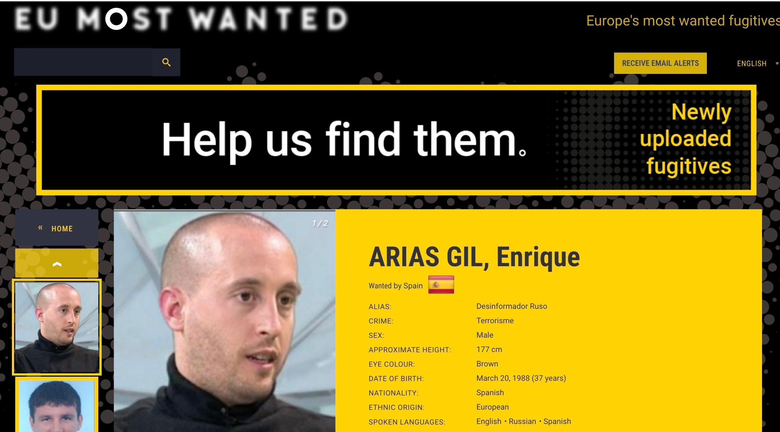 Enrique Arias Gil, en el panel dels més buscats per l'Europol