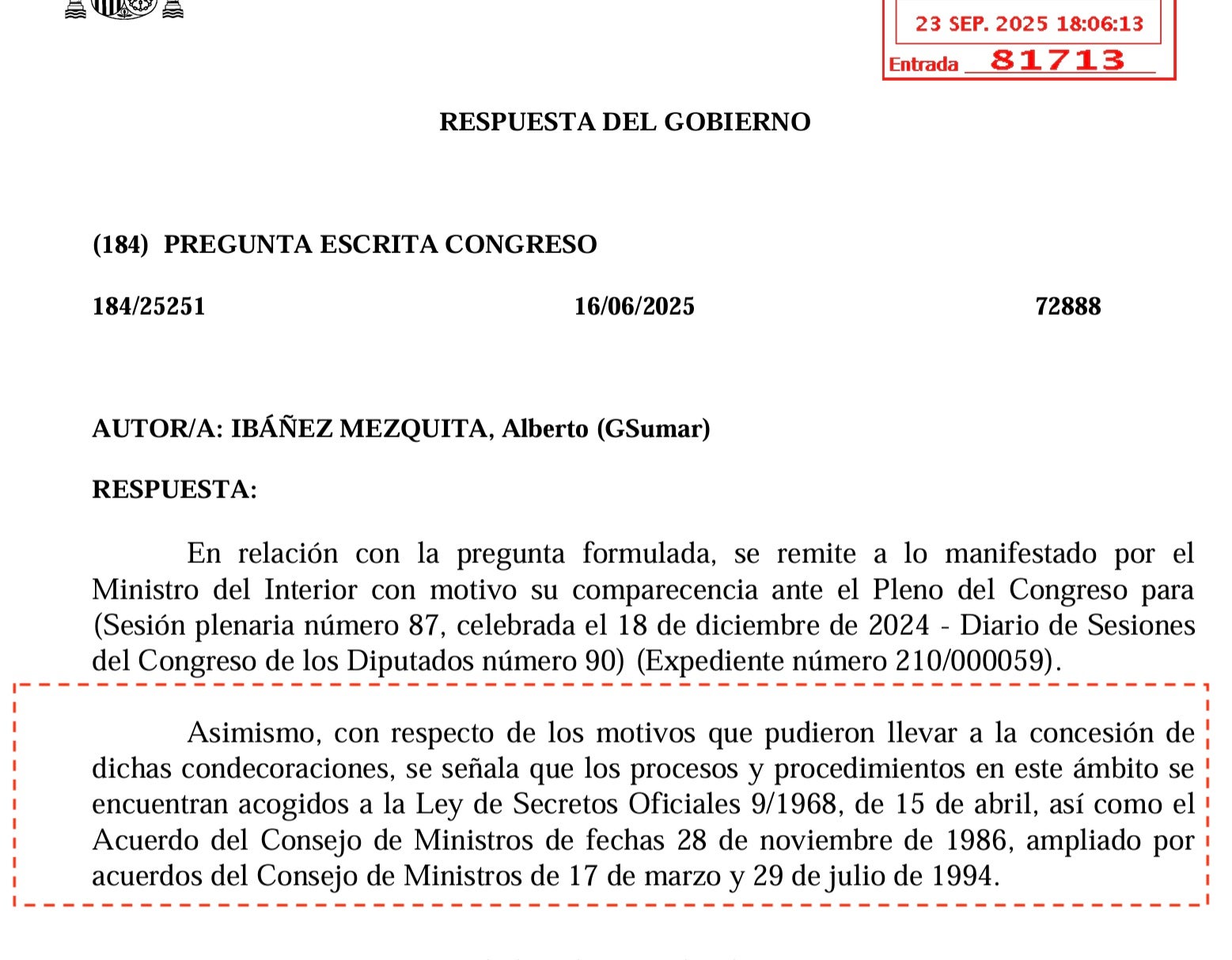 La resposta parlamentària on reconeixen que les condecoracions d'Aldama són secret d'Estat/QS