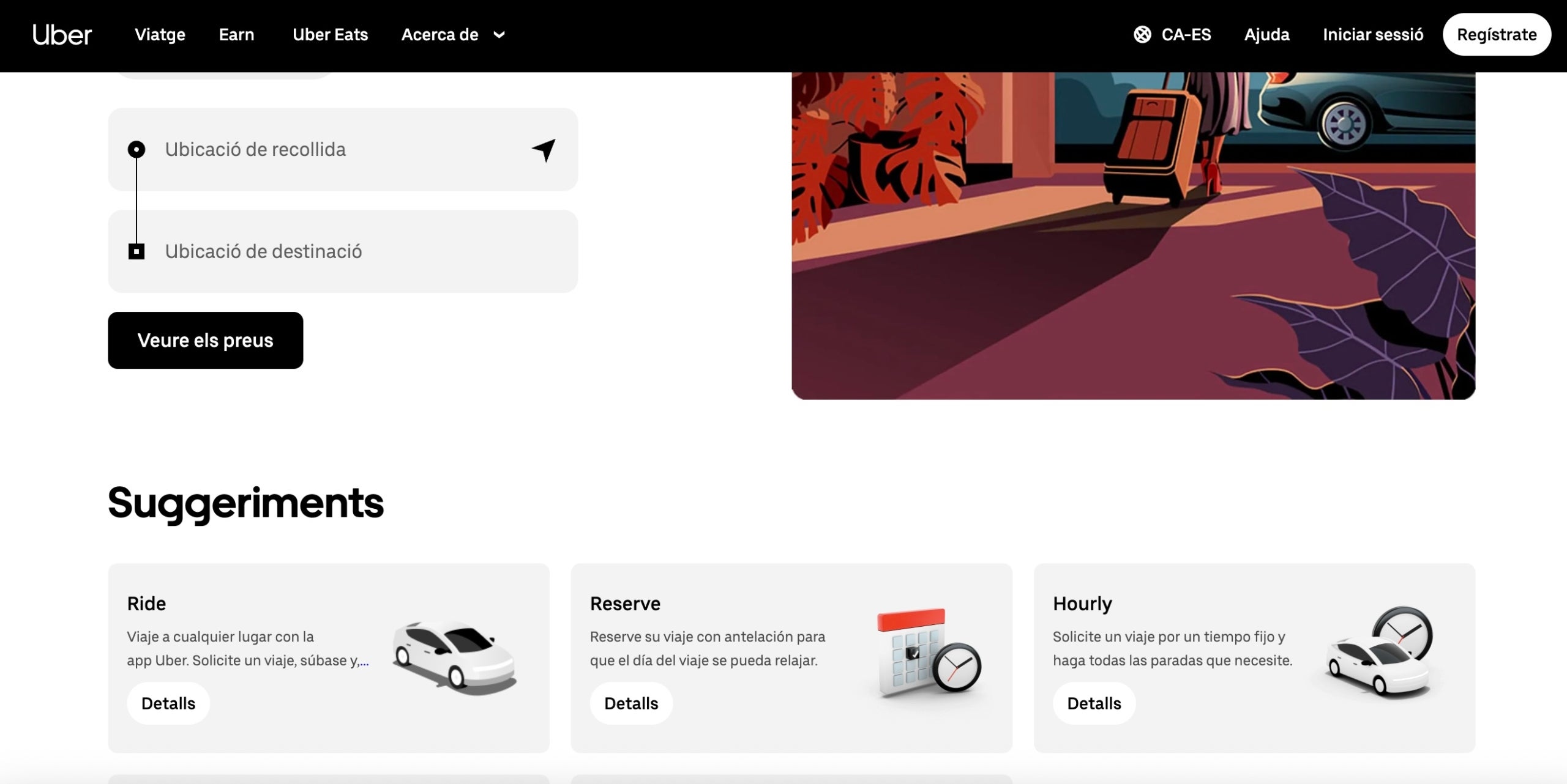 Captura de la web d'Uber, mig en català i mig en castellà