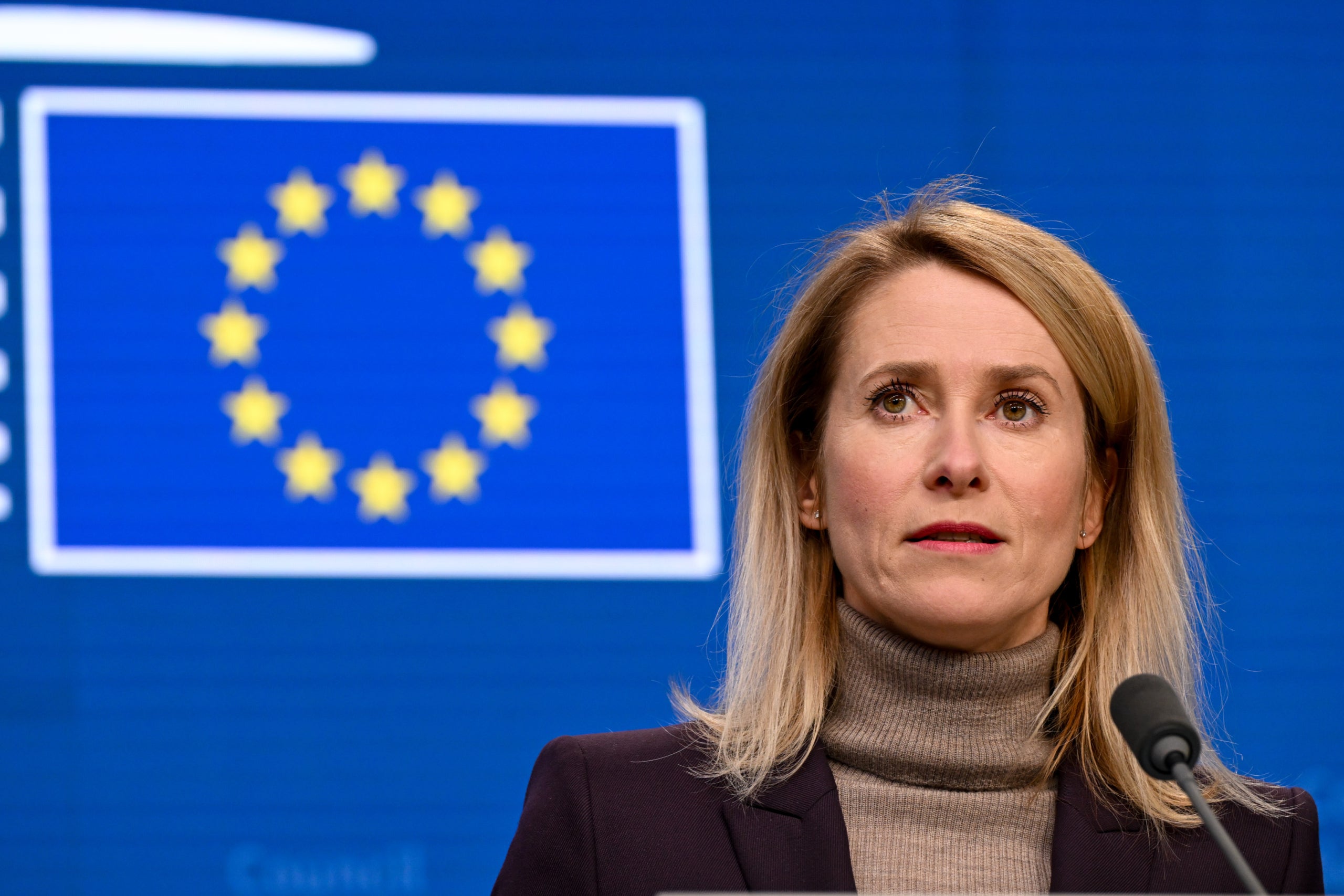 L'alta representant per a la política exteriors de la UE, Kaja Kallas, durant la roda de premsa posterior a la reunió de ministres d'Exteriors de la UE | Unió Europea 