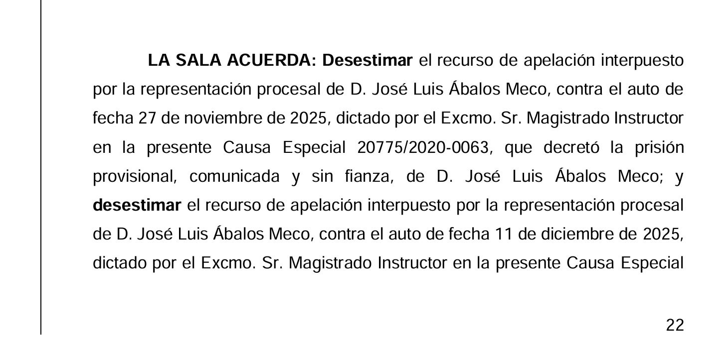 Part dispositiva de la interlocutòria que manté Ábalos a la presó/QS