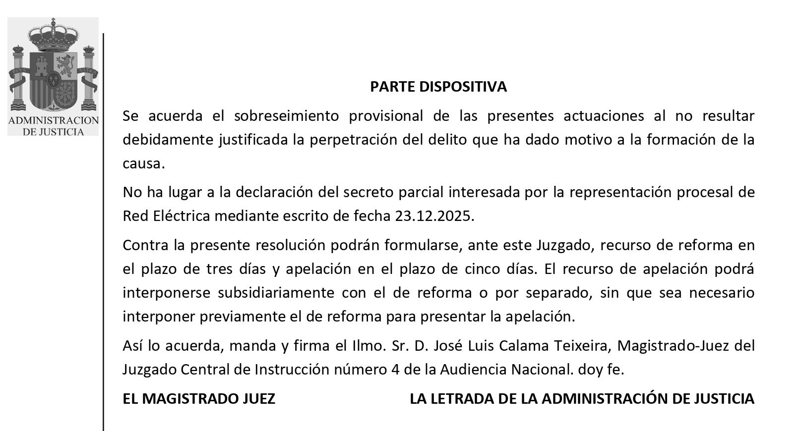 Parte dispositiva de la resolución de archivo de la investigación del apagón/QS