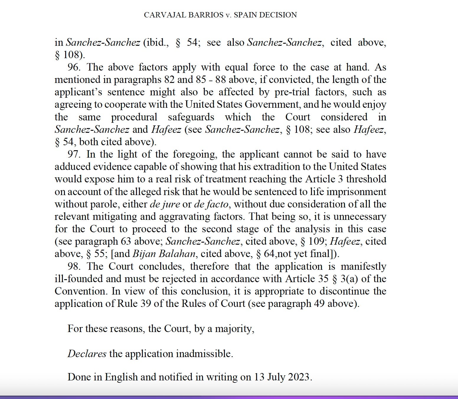 La resolución del TEDH por la que se desestimaba la demanda de Carvajal contra su extradición