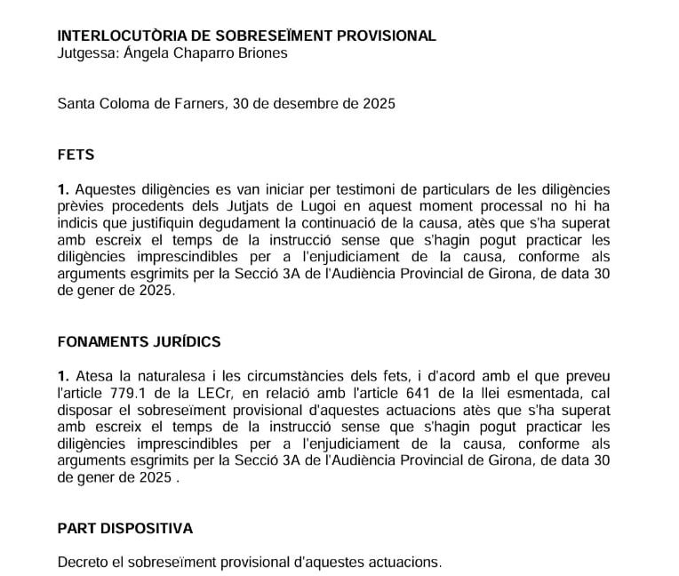 Part dispositiva de la resolució que arxiva el cas Manga