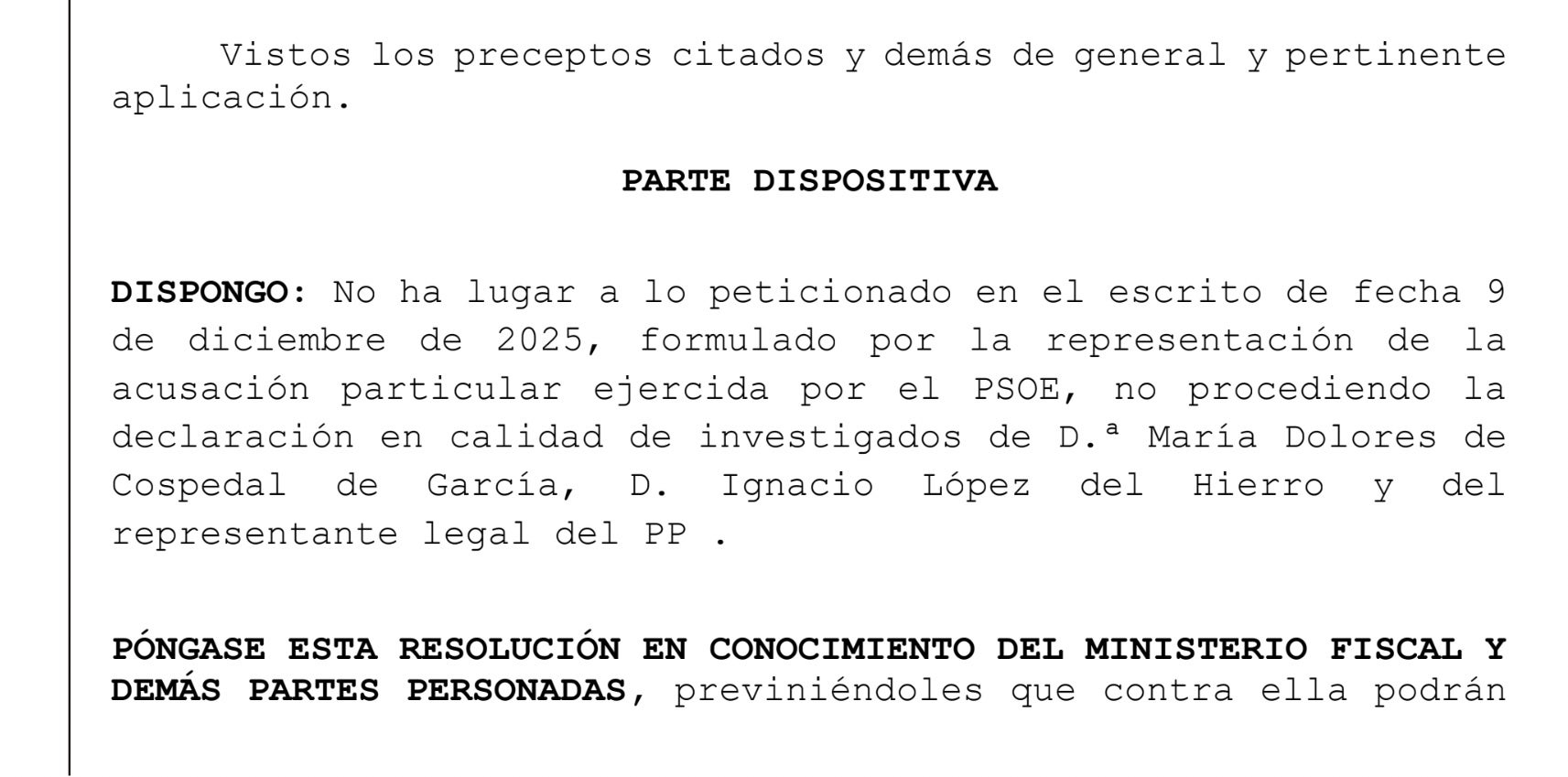 Part dispositiva de la interlocutòria amb el rebuig d'acusar Dolores de Cospedal a l'operació Tàndem/QS