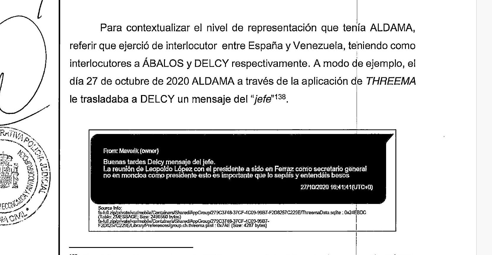 Una part de l'informe de l'UCO que apunta les relacions entre Aldama, Delcy Rodríguez i Ábalos/QS