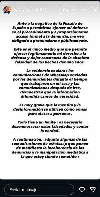 Julio Iglesias emet un altre comunicat - Instagram