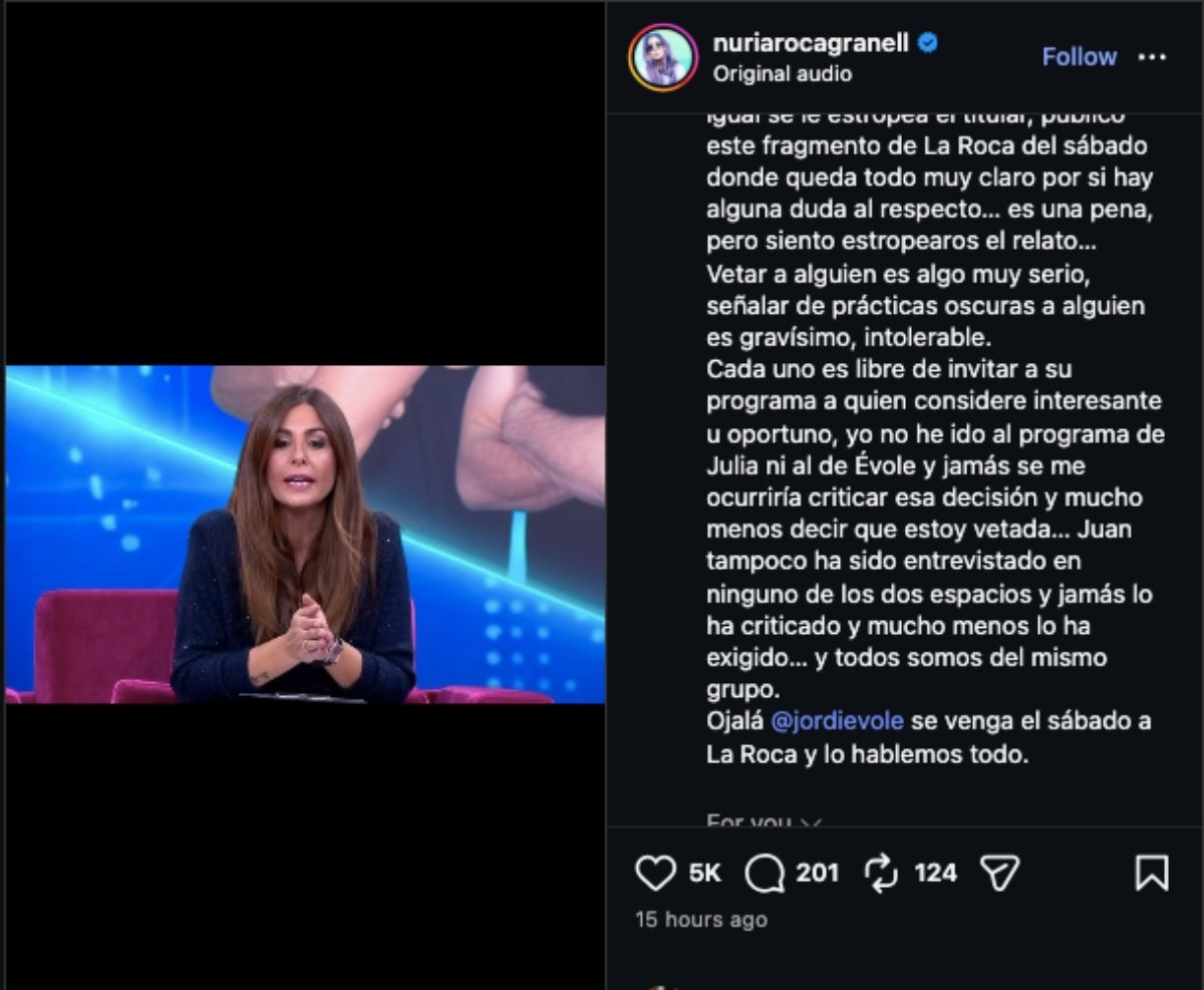 Nuria Roca es pronuncia sobre la polèmica entre Jordi Évole i Juan del Val | Instagram