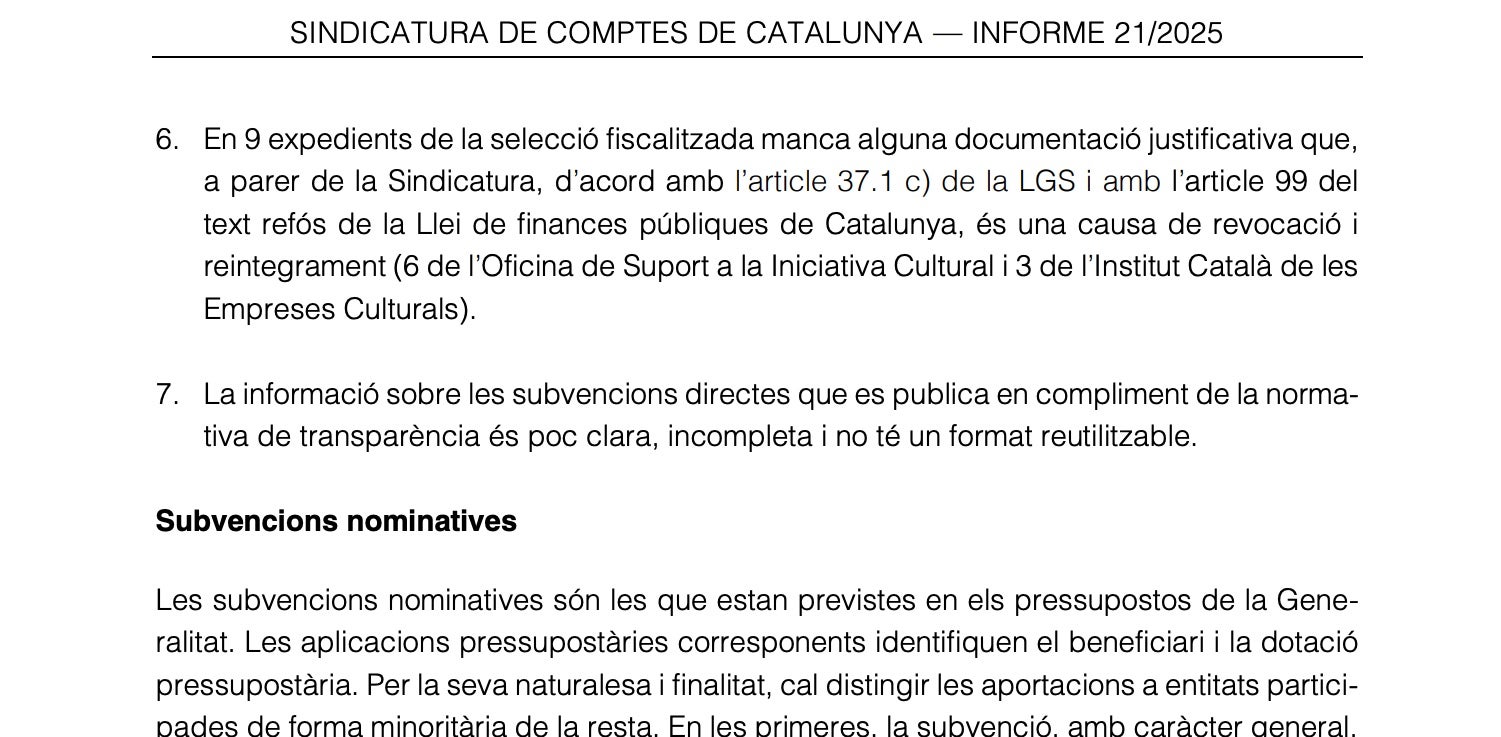 Part de l'informe de la Sindicatura de Comptes sobre les subvencions de Cultura/QS
